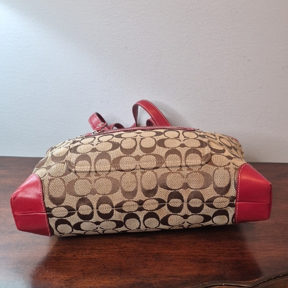 Coach Tan Signature Canvas Tote with Red Leather Trim Vintage K1J-6082 - Picture 6 of 15